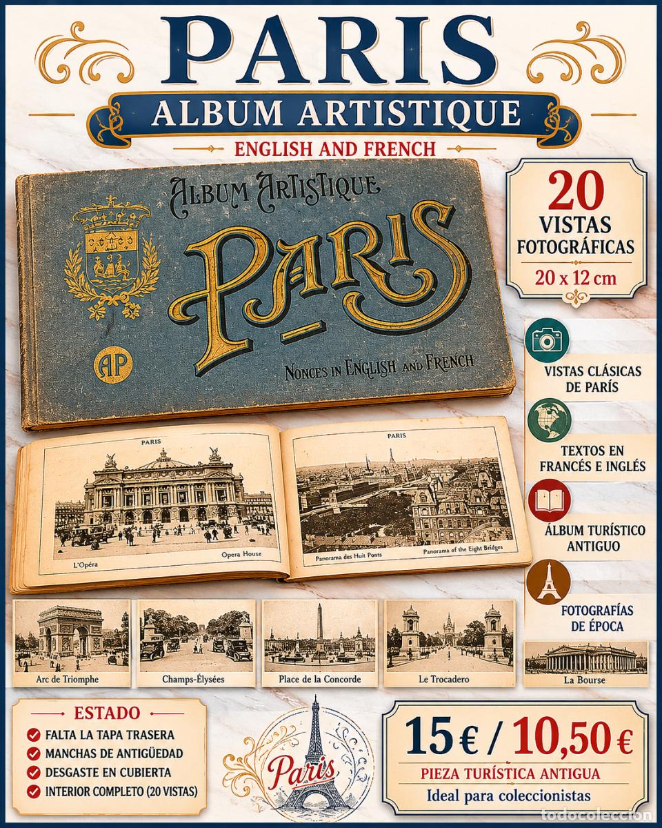 Collectionnisme Papier divers: PARIS | ALBUM ARTISTIQUE | 20 VISTAS FOTOGR&Aacute;FICAS | FRANC&Eacute;S-INGL&Eacute;S | 20x12 CM