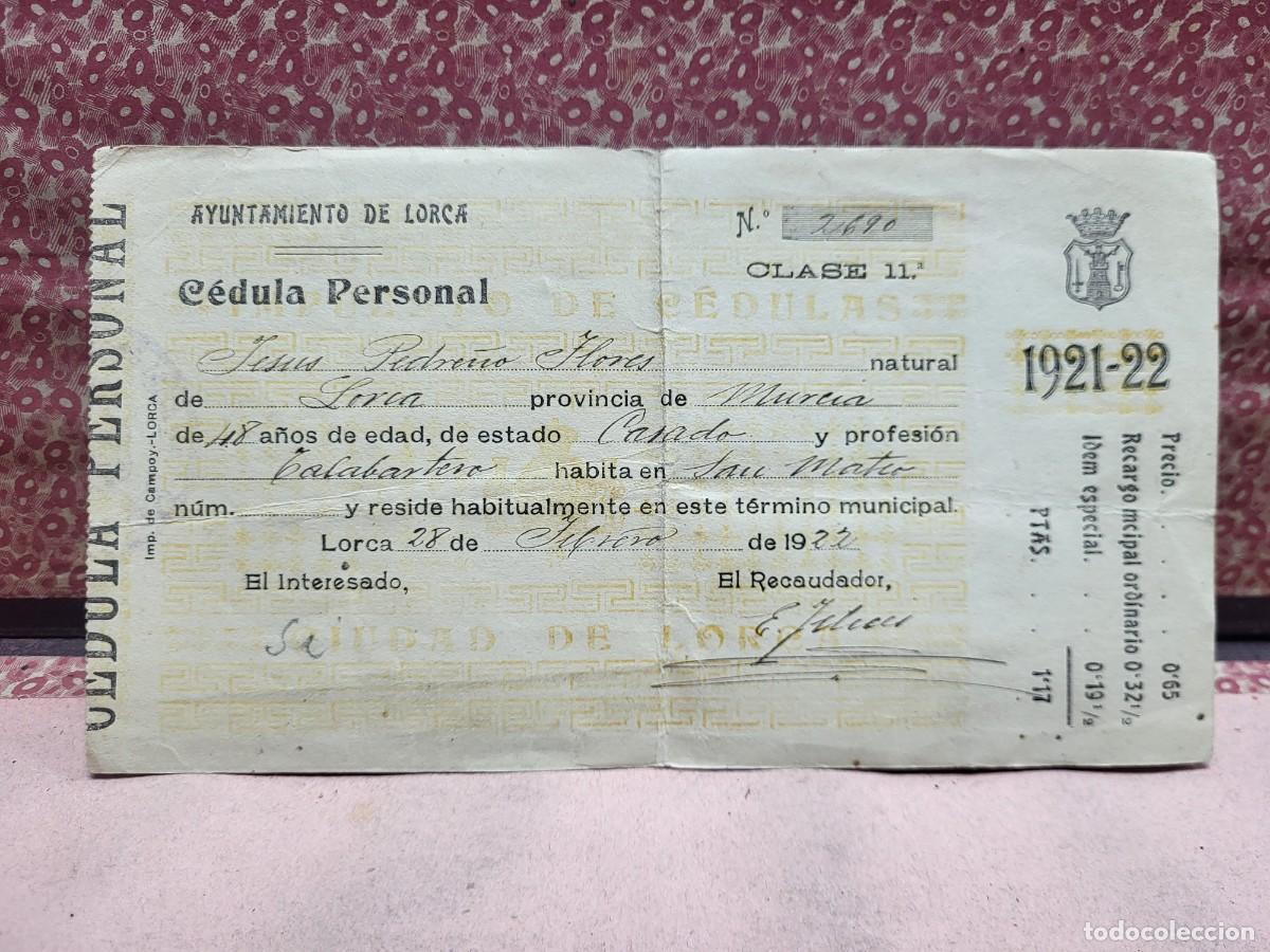 Otros Art&iacute;culos de Coleccionismo en Papel: ANTIGUA CEDULA PERSONAL PEDRE&Ntilde;O FLORES TALABARTERO LORCA MURCIA 1922