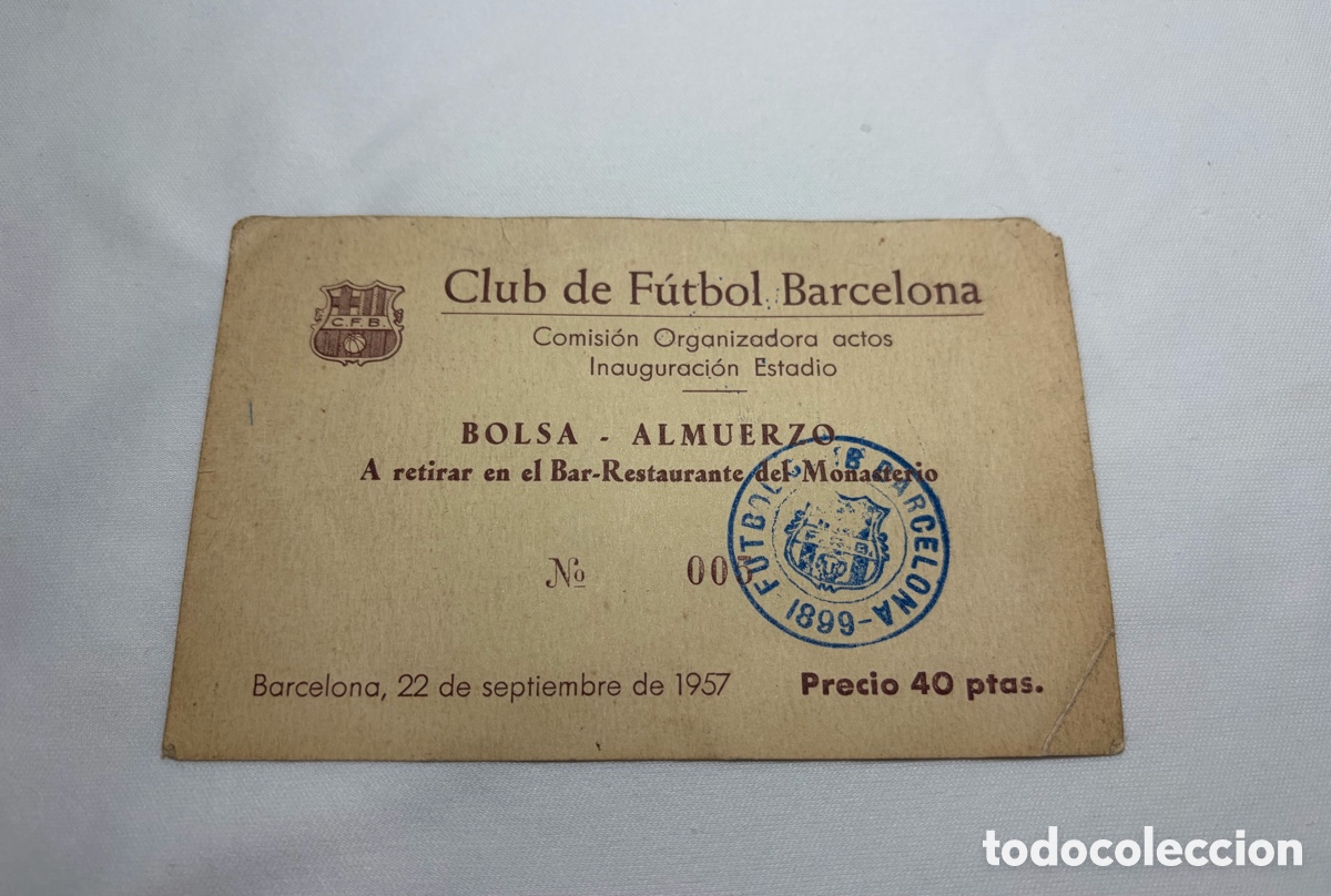 Otros Art&iacute;culos de Coleccionismo en Papel: Vale ticket almuerzo inaguracion estadio F.C.Barcelona 1957