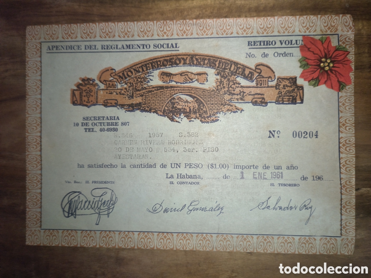 Otros Art&iacute;culos de Coleccionismo en Papel: Cuba,recibo de pago asociado de monterroso y antas de ullas ,a&ntilde;o 1961.