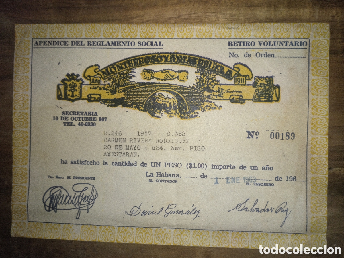 Otros Art&iacute;culos de Coleccionismo en Papel: Cuba,recibo de asociado de monterroso y antas de ullas,a&ntilde;o 1963