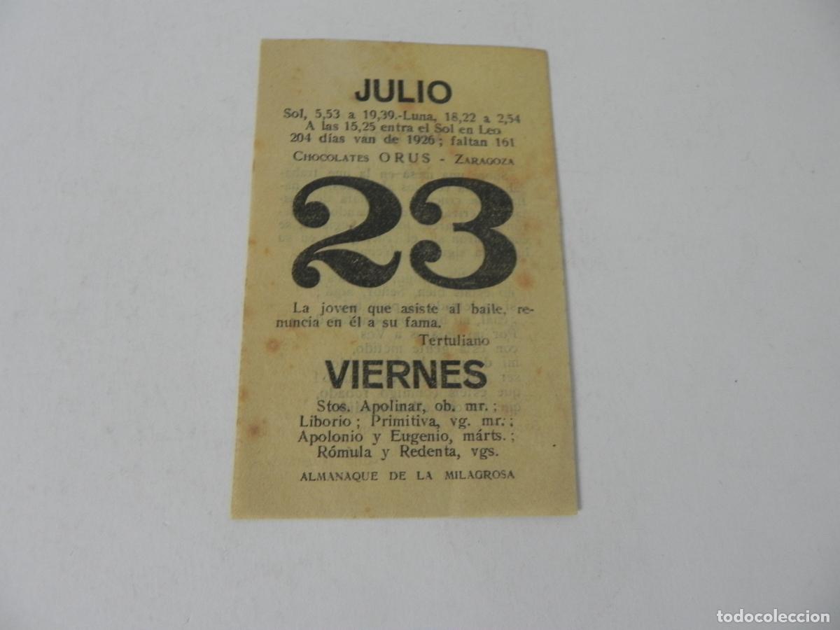 Otros Art&iacute;culos de Coleccionismo en Papel: Antigua hoja de calendario de taco 1926. 23 de Julio. Publicidad Chocolates Orus Zaragoza