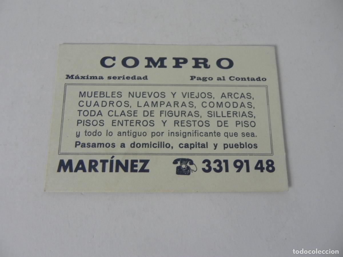 Otros Art&iacute;culos de Coleccionismo en Papel: Antigua tarjeta comercial Compro Antig&uuml;edades Mart&iacute;nez. Muebles, siller&iacute;as, pisos enteros