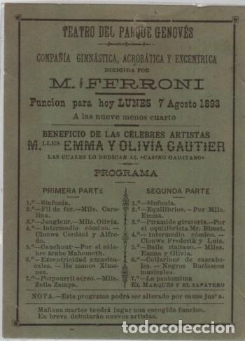 Otros Art&iacute;culos de Coleccionismo en Papel: TEATRO DEL PARQUE GENOVES. PROGRAMA COMPA&Ntilde;&Iacute;A GIMNASTICA ACROBATICA Y EXCENTRICA 1893 A-PAPEL-0064