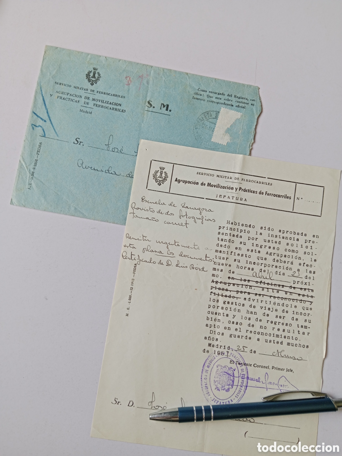 Otros Art&iacute;culos de Coleccionismo en Papel: Servicio Militar Ferrocarriles 1959 Documento