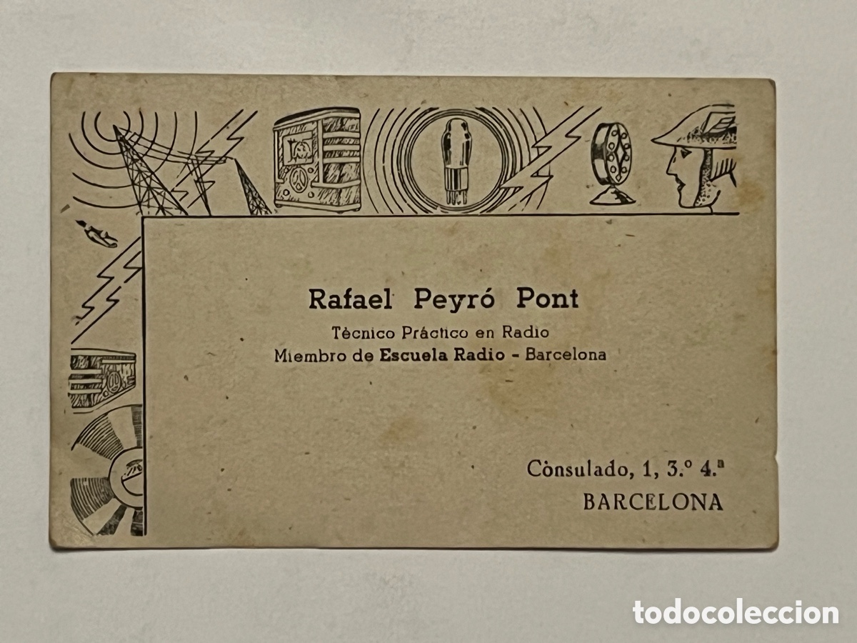 Otros Art&iacute;culos de Coleccionismo en Papel: BARCELONA. Rafael Peyro.. curiosa tarjeta ilustrada de un T&eacute;cnico Pr&aacute;ctico en Radio.. (h.1940?)