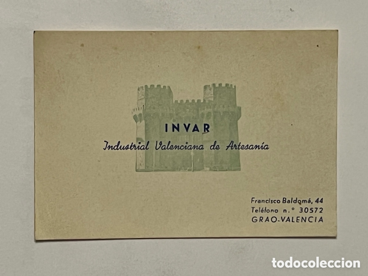 Otros Art&iacute;culos de Coleccionismo en Papel: GRAO Valencia. INVAR, Industrial Valenciana de Artesan&iacute;a. Tarjeta comercial (h.1950?)