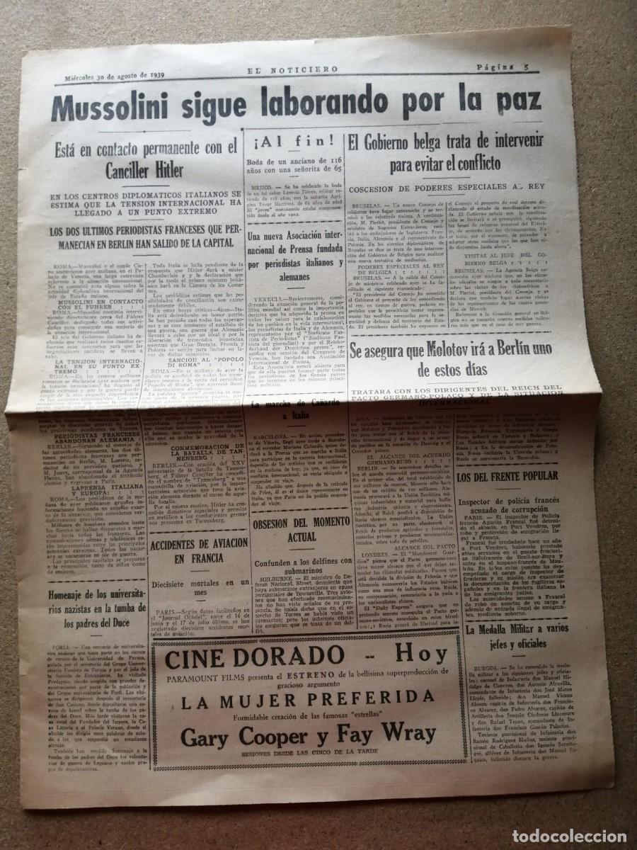 Otros Art&iacute;culos de Coleccionismo en Papel: NOTICIA DE PRENSA. MUSSOLINI SIGUE LABORANDO POR LA PAZ (30 AGOSTO 1939)