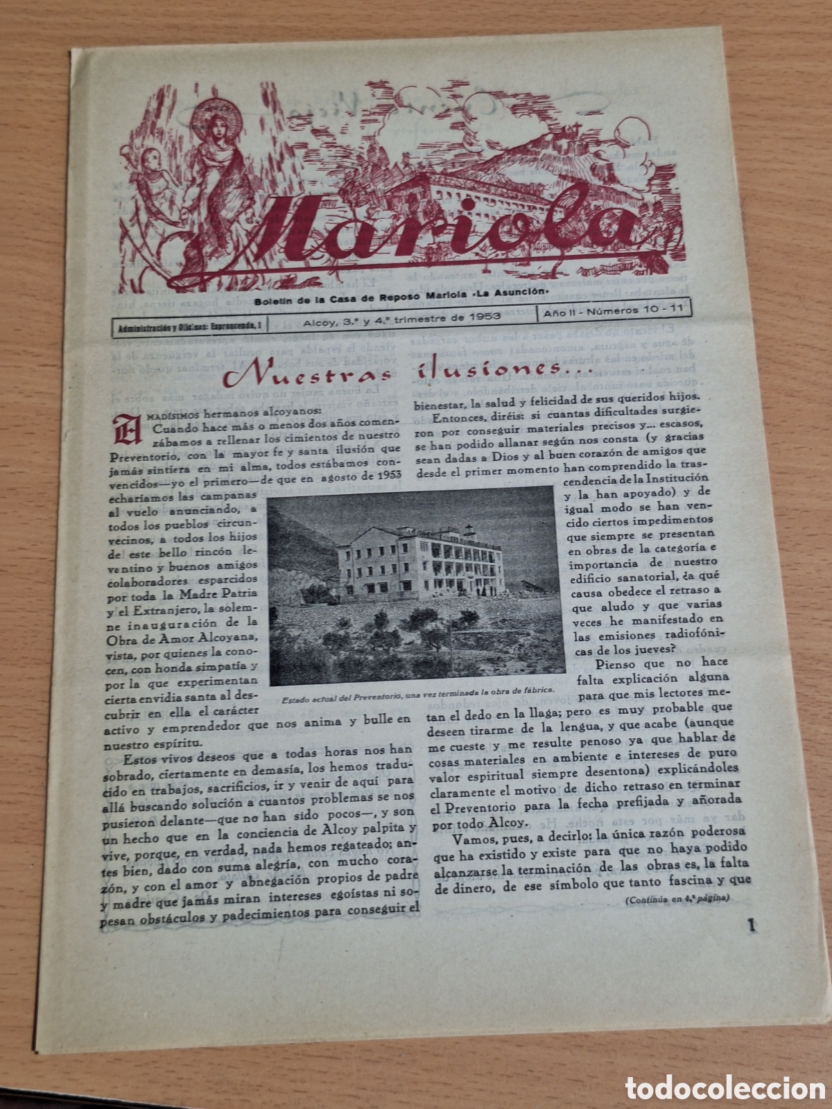 Otros Art&iacute;culos de Coleccionismo en Papel: Bolet&iacute;n de la casa de Reposo Mariola . La Asunci&oacute;n . Alcoy 1953