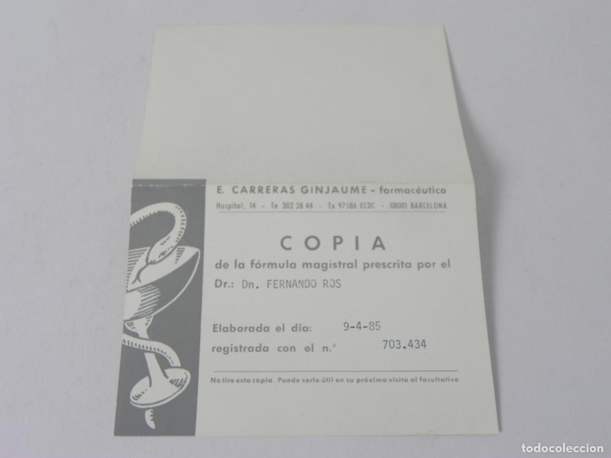 Otros Art&iacute;culos de Coleccionismo en Papel: Receta / F&oacute;rmula Magistral. Farmacia E. Carreras Ginjaume (Barcelona) - Alopecia Capilar. A&ntilde;o 1985