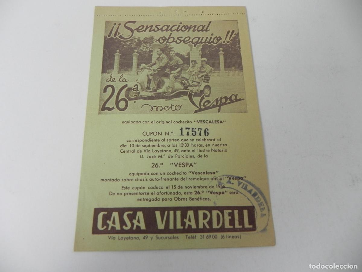 Otros Art&iacute;culos de Coleccionismo en Papel: Antiguo Cup&oacute;n Sorteo Moto Vespa y Viaje Vacaciones Gratis - Casa Vilardell Barcelona (1956)