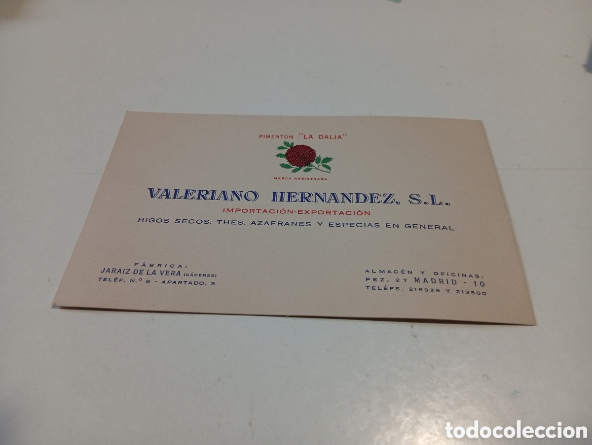 Otros Art&iacute;culos de Coleccionismo en Papel: Tarjeta visita piment&oacute;n LA DALIA Valeriano Hern&aacute;ndez, Jaraiz de la Vera
