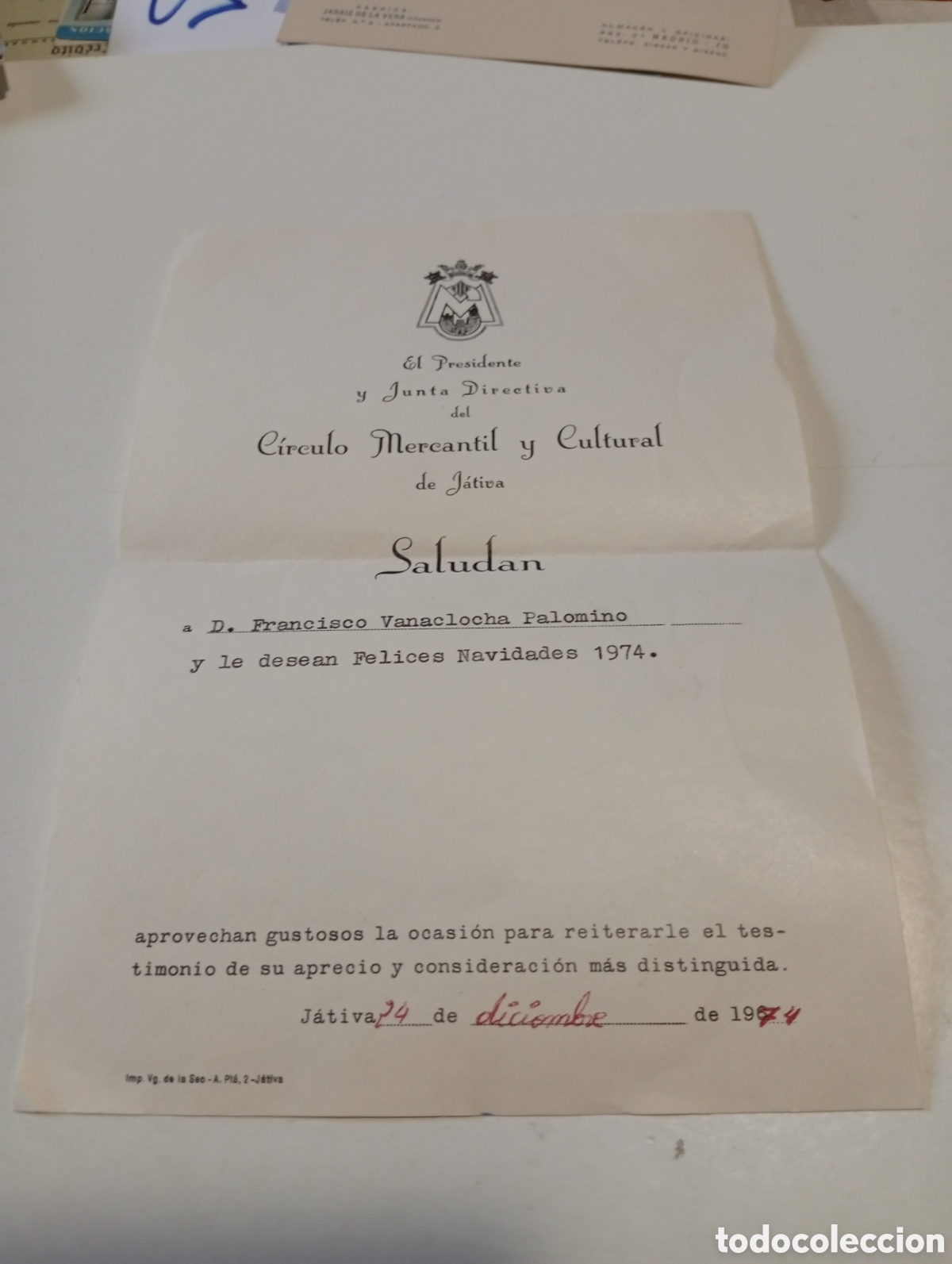 Otros Art&iacute;culos de Coleccionismo en Papel: El presidente y junta directiva del c&iacute;rculo mercantil y cultural de J&Aacute;TIVA 1974