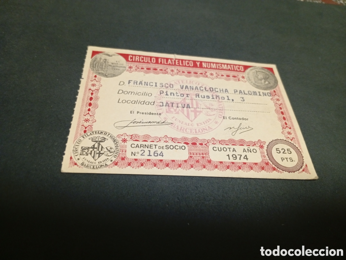 Otros Art&iacute;culos de Coleccionismo en Papel: Carnet de socio c&iacute;rculo filatelico y numism&aacute;tico J&Aacute;TIVA 1974