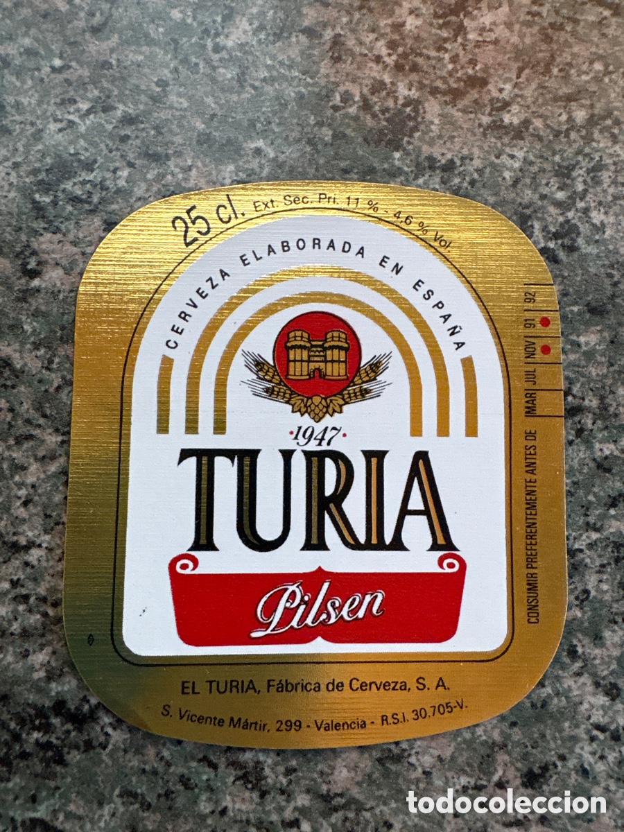 Otros Art&iacute;culos de Coleccionismo en Papel: ETIQUETA BOTELL&Iacute;N CERVEZA TURIA PILSEN 25 CL