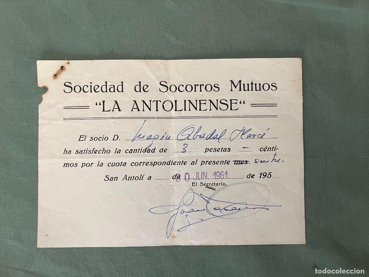 Otros Art&iacute;culos de Coleccionismo en Papel: SANT ANTOLI (LERIDA) Cuota a la sociedad socorros mutuos LA ANTOLINENSE 1961