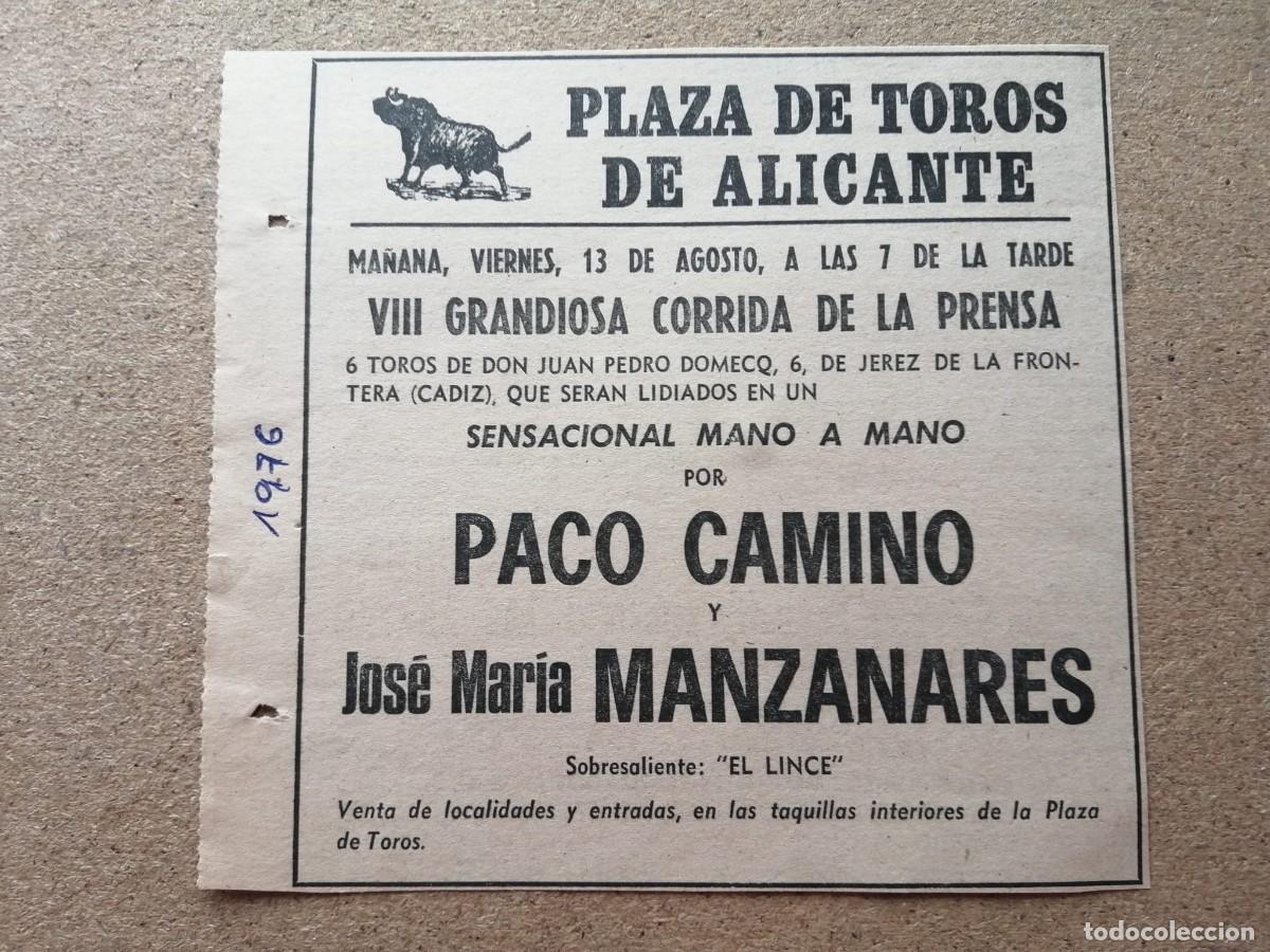 Otros Art&iacute;culos de Coleccionismo en Papel: RECORTE ANUNCIO PRENSA CORRIDA DE TOROS 1976. PLAZA DE TOROS DE ALICANTE, PACO CAMINO - MANZANARES