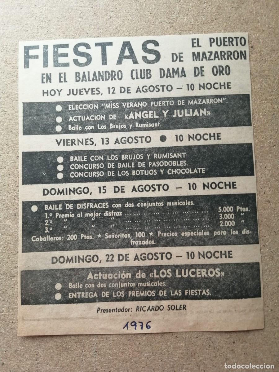 Otros Art&iacute;culos de Coleccionismo en Papel: RECORTE PRENSA. FIESTAS PUERTO DE MAZARRON 1976.