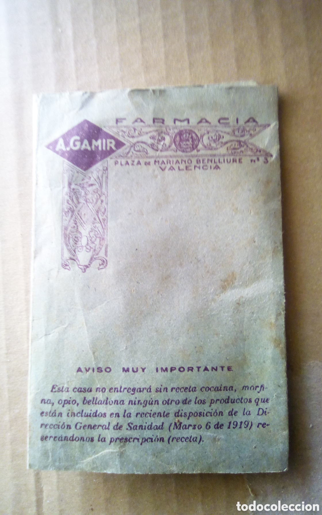 Otros Art&iacute;culos de Coleccionismo en Papel: Carterita de papel para guardar las recetas. Obsequio farmacia A. Gamir, Valencia. A&ntilde;os 40s/50s.