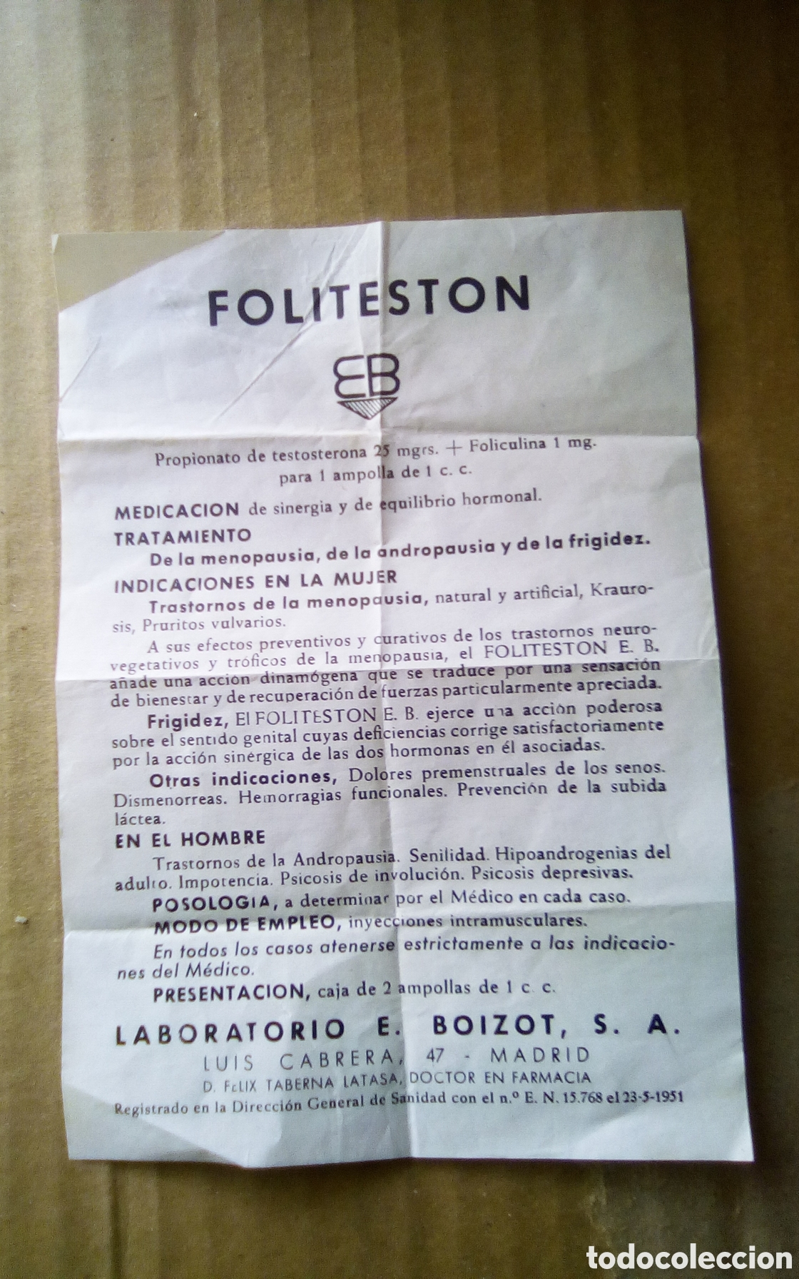 Otros Art&iacute;culos de Coleccionismo en Papel: Prospecto medicamento Foliteston. A&ntilde;os 50s/60s.