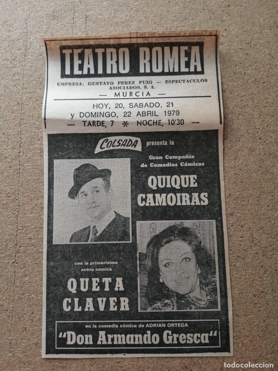 Otros Art&iacute;culos de Coleccionismo en Papel: RECORTE PRENSA. TEATRO ROMEA, MURCIA. DON ARMANDO GRESCA (QUIQUE CAMOIRAS - QUETA CLAVER)