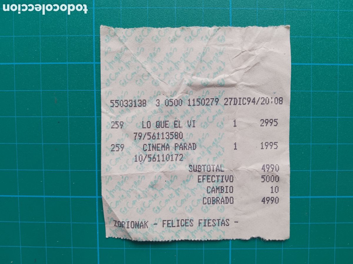 Otros Art&iacute;culos de Coleccionismo en Papel: EL CORTE INGL&Eacute;S . TICKET DE COMPRA 1994 . VHS CINEMA PARADISO - LO QUE EL VIENTO SE LLEV&Oacute; - BILBAO