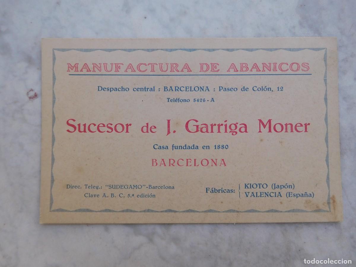 Otros Art&iacute;culos de Coleccionismo en Papel: Tarjeta comercial manufactura de abanicos sucesor de J. Garriga Moner Barcelona 1926