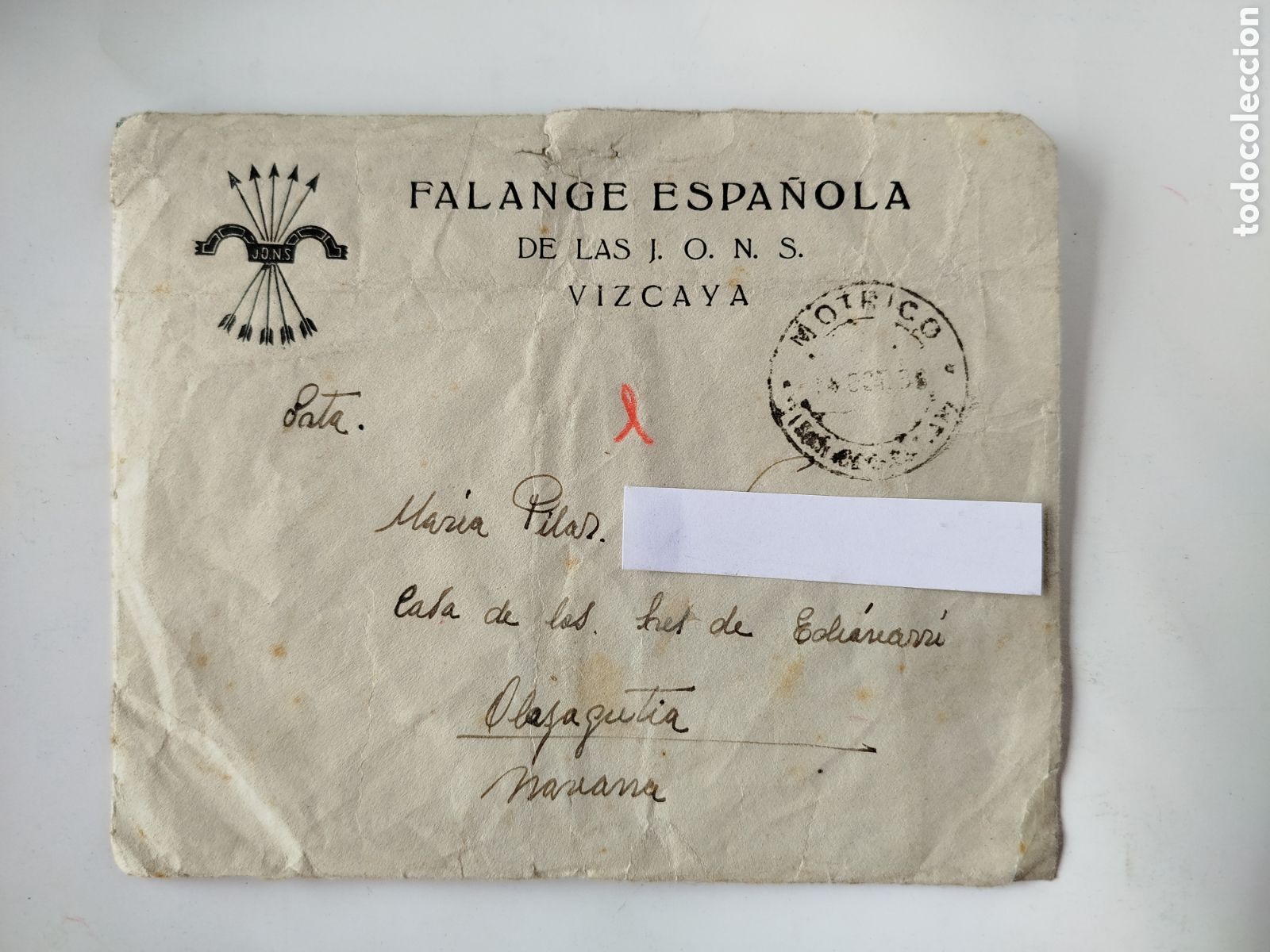 Otros Art&iacute;culos de Coleccionismo en Papel: CARTA CIRCULADA CON CENSURA MILITAR DEL JEFE DE LA EXPEDICI&Oacute;N DE FALANGE EN VIZCAYA. 1937.