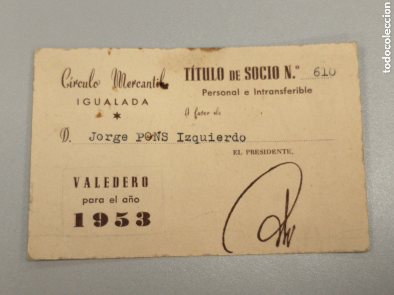 Otros Art&iacute;culos de Coleccionismo en Papel: Carnet circulo mercantil igualada post guerra civil. A&ntilde;o 1953.empresario.catalunya