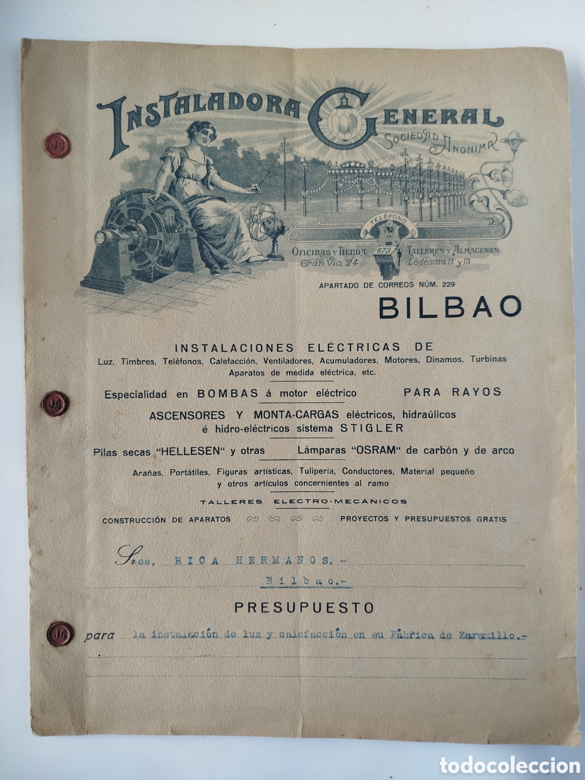 Otros Art&iacute;culos de Coleccionismo en Papel: INSTALADORA GENERAL S.A. BILBAO.PRESUPUESTO DE INSTALACI&Oacute;N DE LUZ Y CALEFACCI&Oacute;N A RICA HERMANOS.1917