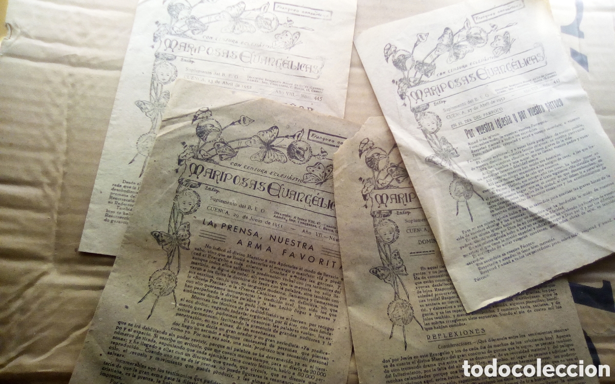 Otros Art&iacute;culos de Coleccionismo en Papel: Mariposas Evang&eacute;licas. Suplemento del B. E. O.. N&uacute;meros 395, 396, 445, 447. A&ntilde;os 1951-1952. Cuenca.