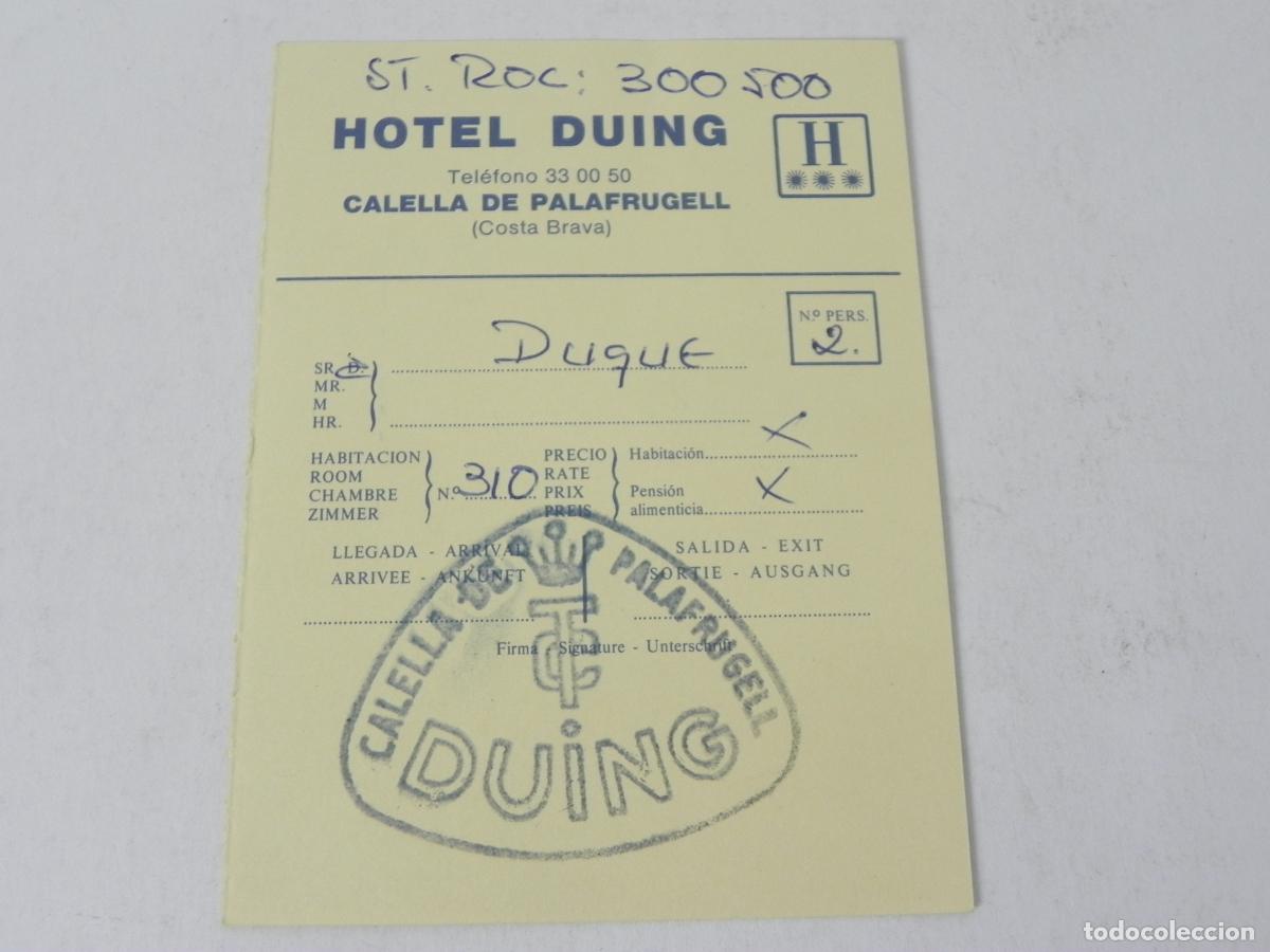Otros Art&iacute;culos de Coleccionismo en Papel: Antiguo resguardo de habitaci&oacute;n Hotel Duing - Calella de Palafrugell - Costa Brava - A&ntilde;os 70/80