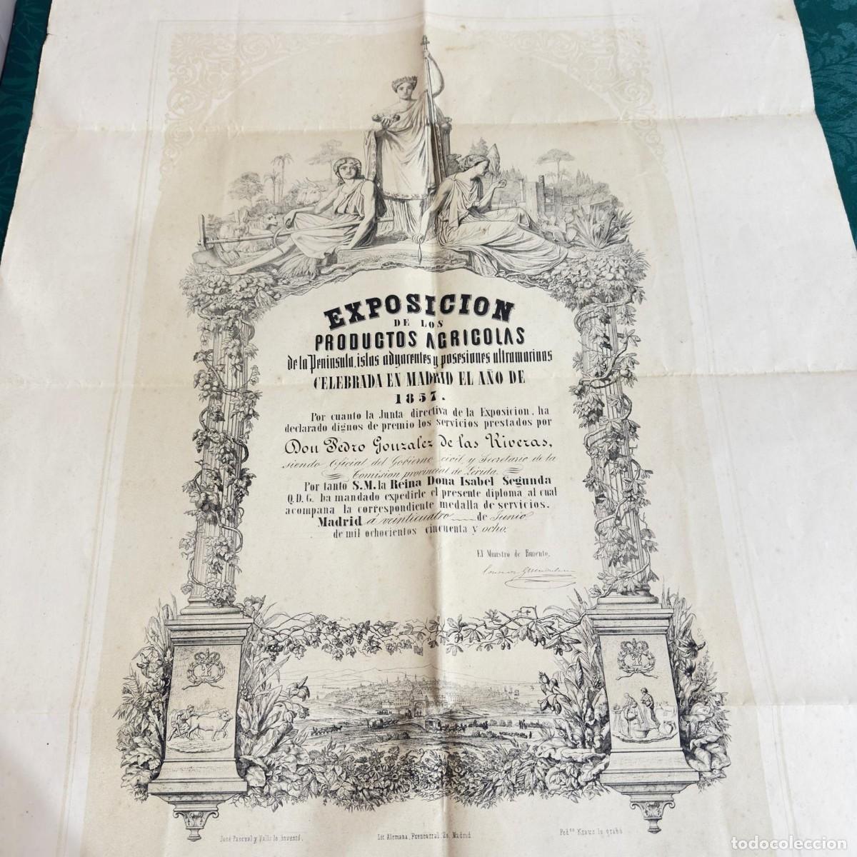 Otros Art&iacute;culos de Coleccionismo en Papel: Antiguo diploma Exposici&oacute;n de productos agr&iacute;colas de 1857
