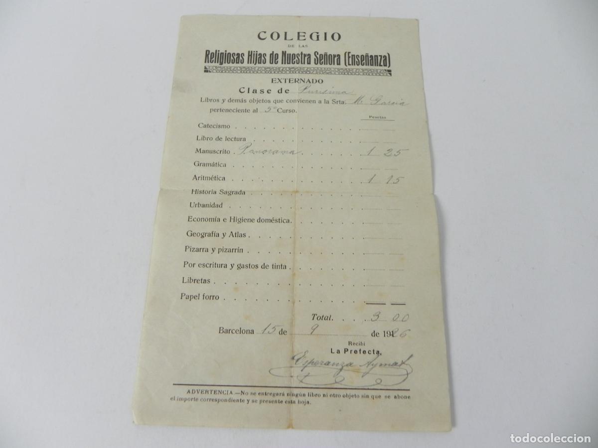 Otros Art&iacute;culos de Coleccionismo en Papel: Antiguo Recibo Escolar Colegio Religiosas Hijas de Nuestra Se&ntilde;ora (Ense&ntilde;anza) - Barcelona 1926.