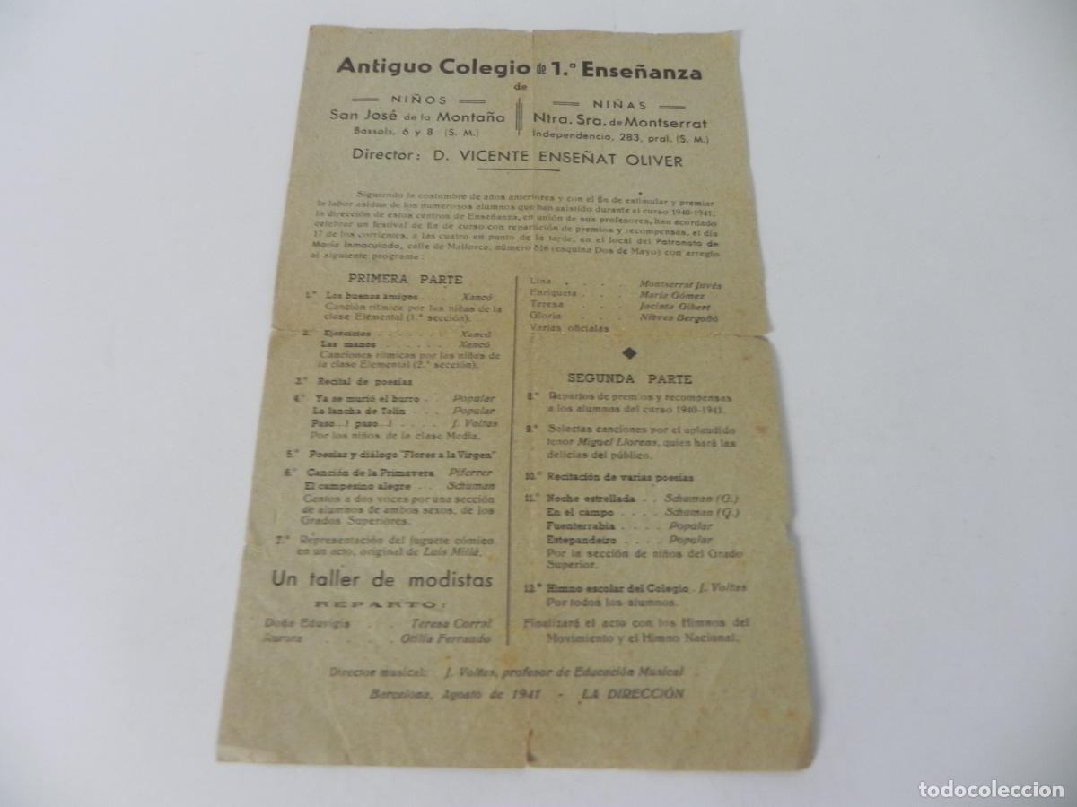 Otros Art&iacute;culos de Coleccionismo en Papel: Antiguo Programa Escolar Postguerra - Colegio San Jos&eacute; de la Monta&ntilde;a / Montserrat - Barcelona 1941.