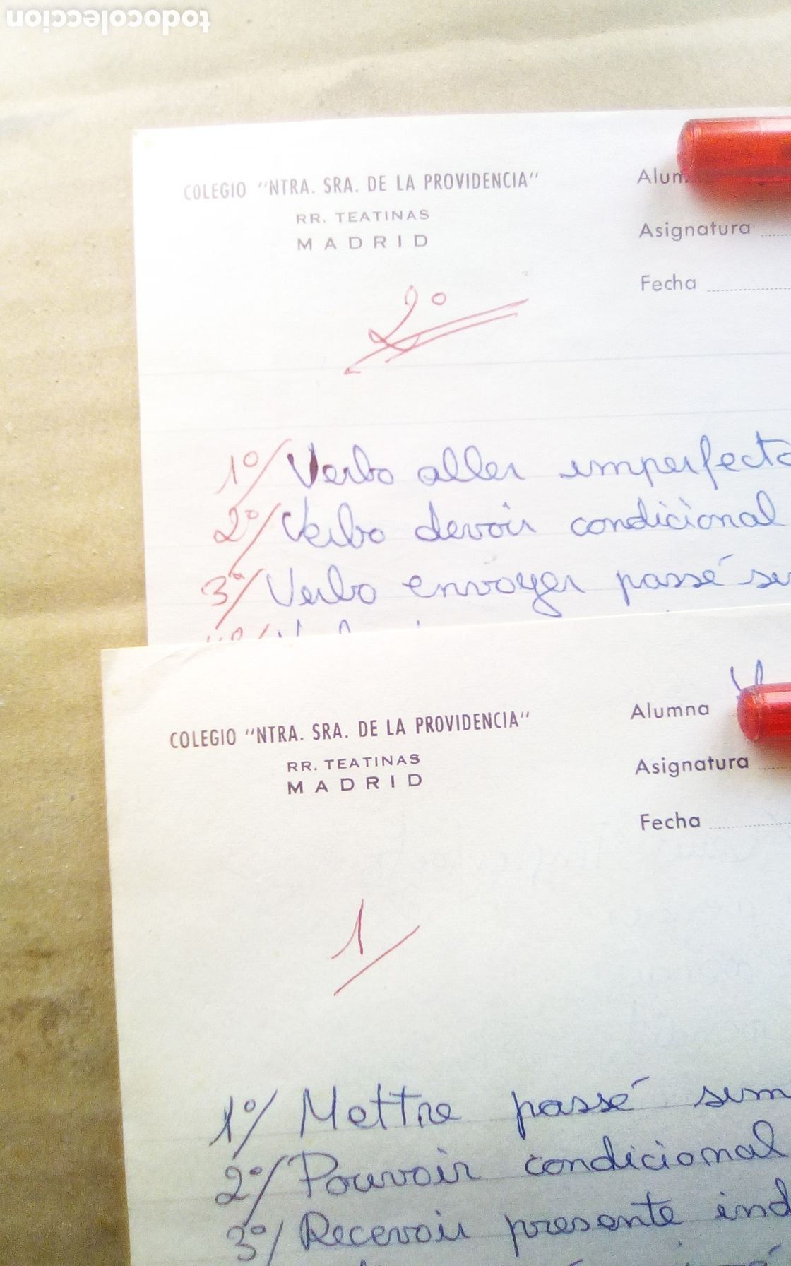 Otros Art&iacute;culos de Coleccionismo en Papel: Tres hojas de examen de franc&eacute;s. Colegio &rdquo;Ntra. Sra. De la Providencia&rdquo;. RR. Teatinas, Madrid. 1969