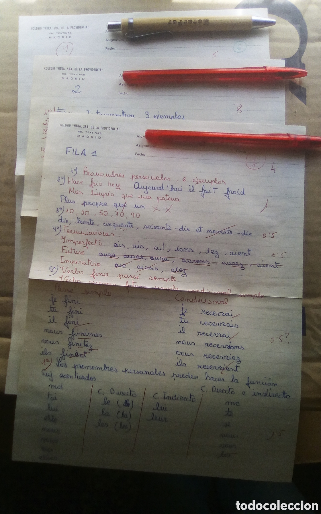 Otros Art&iacute;culos de Coleccionismo en Papel: Dos hojas de examen de franc&eacute;s. Colegio &rdquo;Ntra. Sra. De la Providencia&rdquo;. RR. Teatinas, Madrid. 1969.