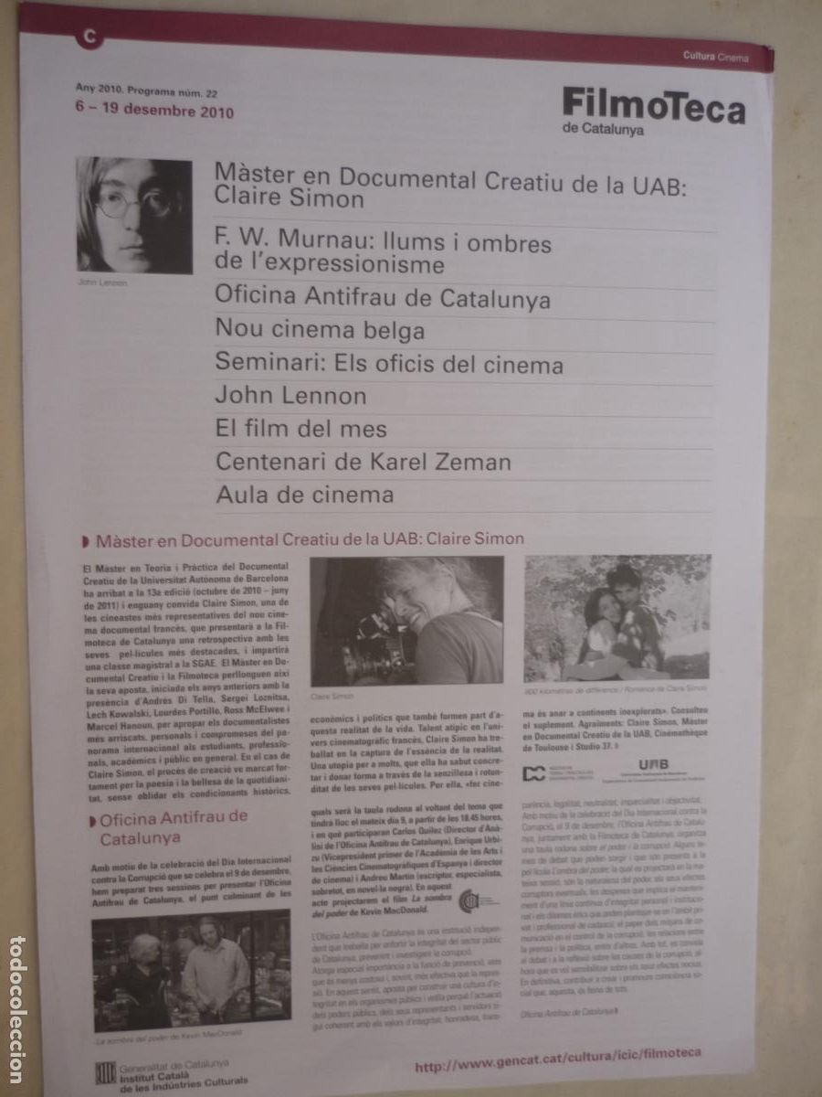 Otros Art&iacute;culos de Coleccionismo en Papel: programa filmoteca catalunya diciembre 2010 - imagine - the us versus john lennon - the beatles