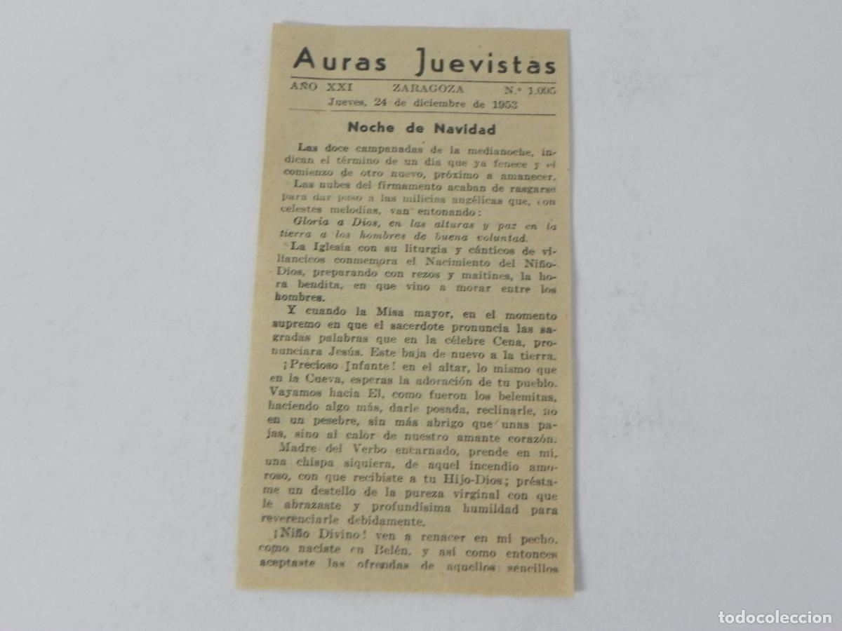 Collectionnisme Papier divers: Antigua Hoja Devocional Auras Juevistas - Zaragoza 1953 - Noche de Navidad - Texto Completo