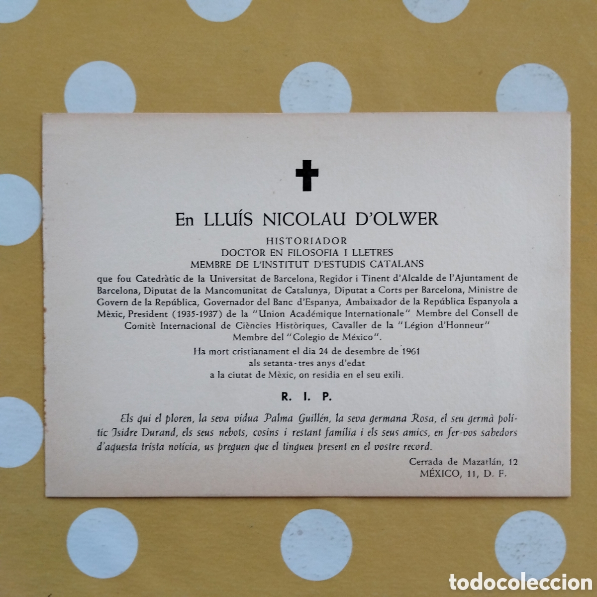 Otros Art&iacute;culos de Coleccionismo en Papel: ESQUELA LLU&Iacute;S NICOLAU D'OLWER 1961 M&Egrave;XIC