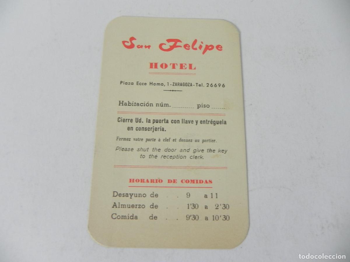 Otros Art&iacute;culos de Coleccionismo en Papel: Antigua Tarjeta Publicitaria Hotel San Felipe (Zaragoza) - Normas y Horarios - A&ntilde;os 50/60