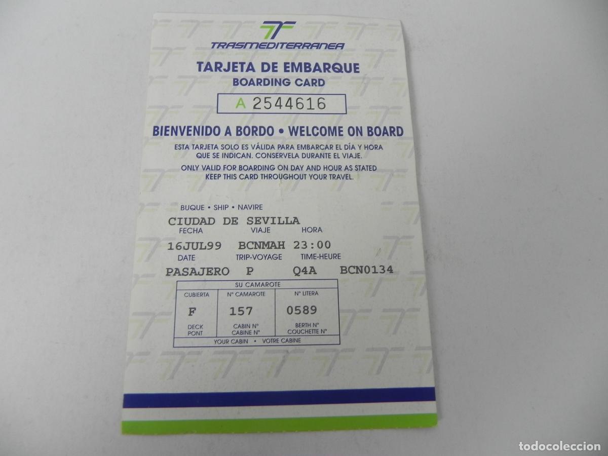 Otros Art&iacute;culos de Coleccionismo en Papel: Antigua Tarjeta de Embarque Trasmediterr&aacute;nea 1999 - Buque Ciudad de Sevilla BCN-Mah&oacute;n / Publicidad