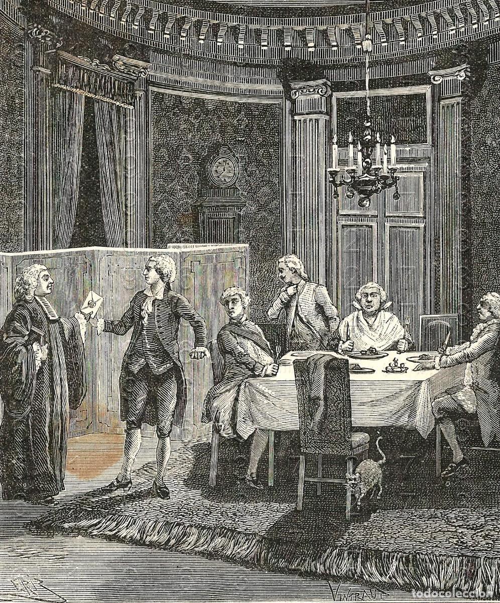 Otros Art&iacute;culos de Coleccionismo en Papel: BEAUMARCHAIS RECIBE LA ORDEN DE ARRESTO REVOLUCION FRANCESA GRABADO SIGLO XIX 14X12 M26