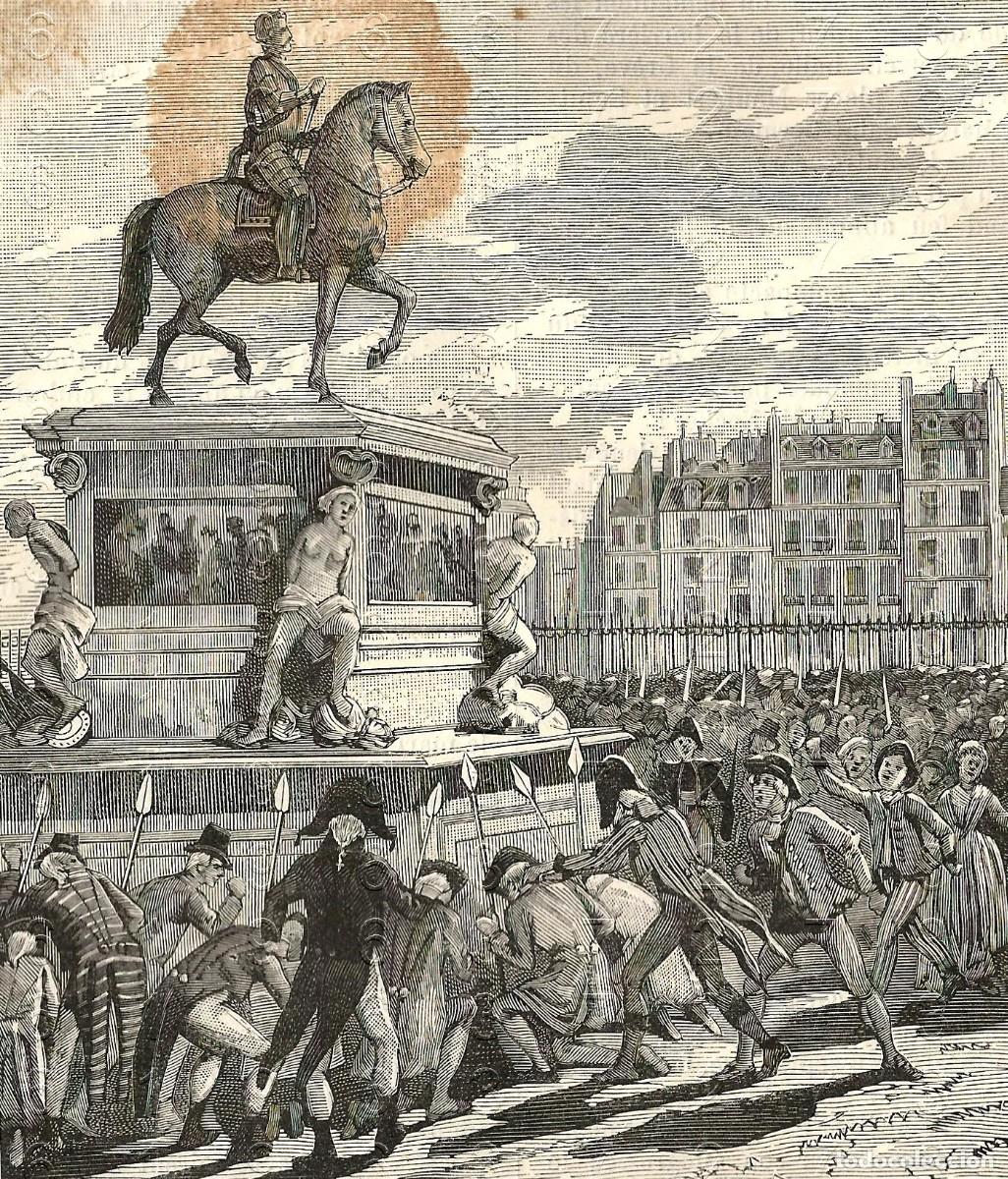 Otros Art&iacute;culos de Coleccionismo en Papel: REVOLUCION FRANCESA SOLDADOS ANTE LA ESTATUA DE ENRIQUE IV GRABADO SIGLO XIX 14X12 M26