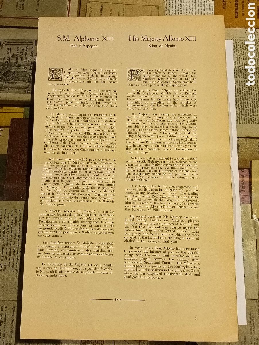 Otros Art&iacute;culos de Coleccionismo en Papel: Manifiesto del apoyo del rey Alfonso XIII en defensa del deporte del Polo