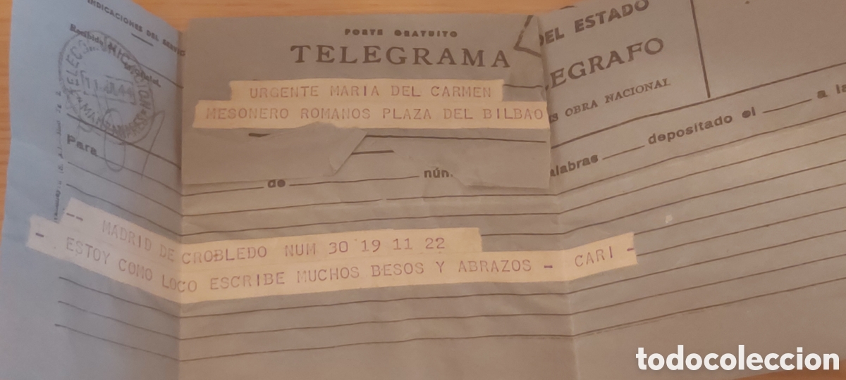 Otros Art&iacute;culos de Coleccionismo en Papel: TELEGRAMA DESDE EL CAMPAMENTO DEL ROBLEDO 1944 DE RICARDI DONOSO-CORTES A CARMEN MESONERO R SU MADRE
