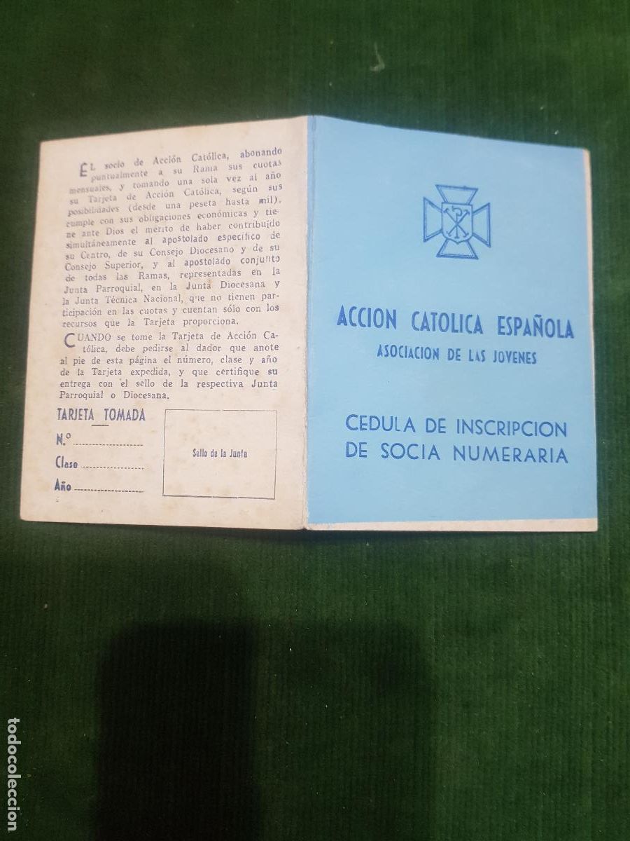 Otros Art&iacute;culos de Coleccionismo en Papel: ACCION CATOLICA ESPA&Ntilde;OLA,CEDULA DE INSCRIPCION DE SOCIA NUMERARIA