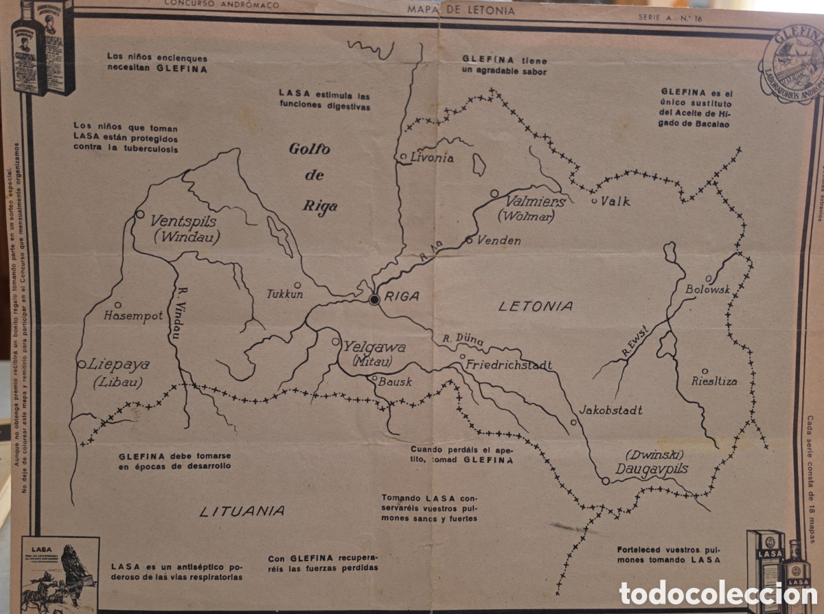 Otros Art&iacute;culos de Coleccionismo en Papel: MAPA DE LETONIA. CONCURSO ANDR&Oacute;MACO. PUBLICIDAD LASA. GLEFINA. LABORATORIOS ANDROMACO. A&Ntilde;OS 20, 30.