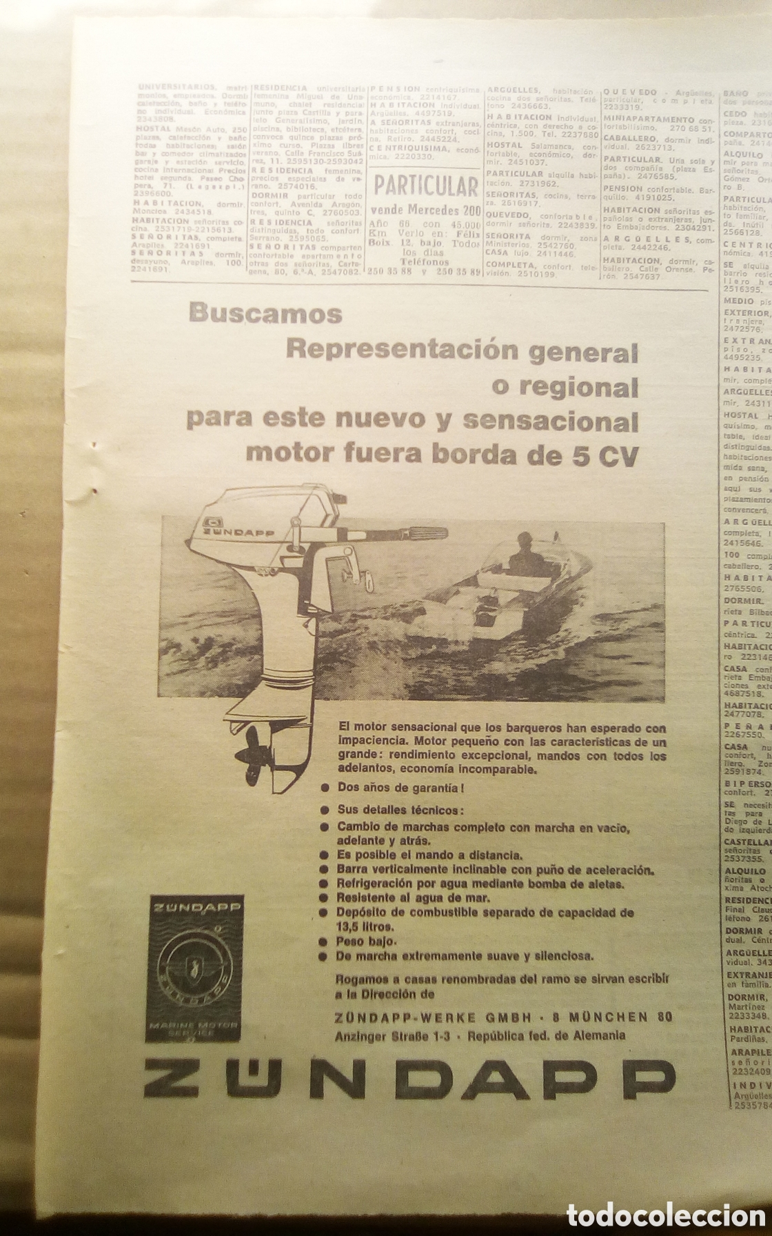 Otros Art&iacute;culos de Coleccionismo en Papel: Zundapp. Motor fuera borda de 5 CV. Hoja publicidad peri&oacute;dico ABC 31-07-1969.