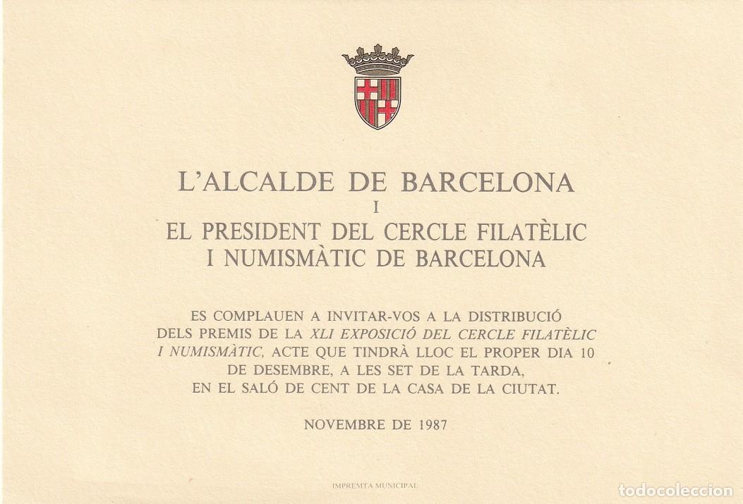 Otros Art&iacute;culos de Coleccionismo en Papel: Barcelona 1987 Alcalde Invitaci&oacute;n Premios de la XLI Exposici&oacute;n del C&iacute;rculo Filat&eacute;lico y Numism&aacute;tico